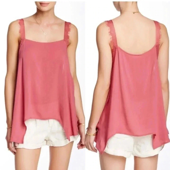 Free People Intimately Dobby Dot Rose Pink Lace Trim Cami Tank Top Size Small - Picture 1 of 7